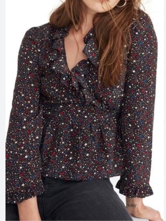 Madewell Tops - Madewell Ruffle Star Print wrap Blouse 100% silk Black Stars patriotic America
